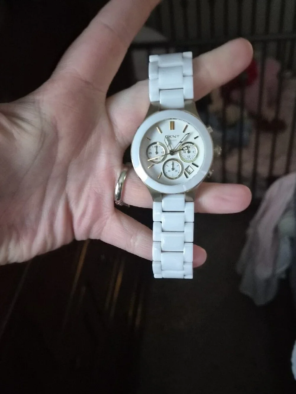 DKNY White Ceramic Chronograph Watch with Gold Accents